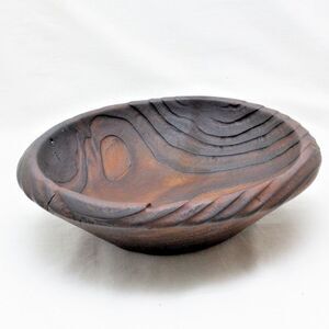 Vtg Primitive Wood Dough Bowl Hand Carved Charred Finish Wood Grain Textured 9"